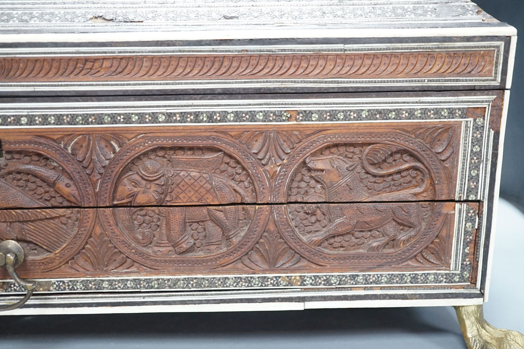 A 19th century Southern Indian sadeli-work sandalwood sewing box, 44cms wide x 30 deep.